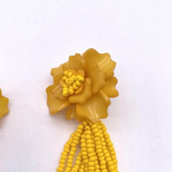 Beaded Flower Dangle Drop Long Tassel Earrings Yellow - Picture 4 of 5